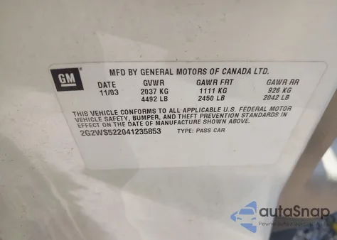 2004 Pontiac Grand Prix Gt2 from USA, damaged, VIN 2G2WS522041235853